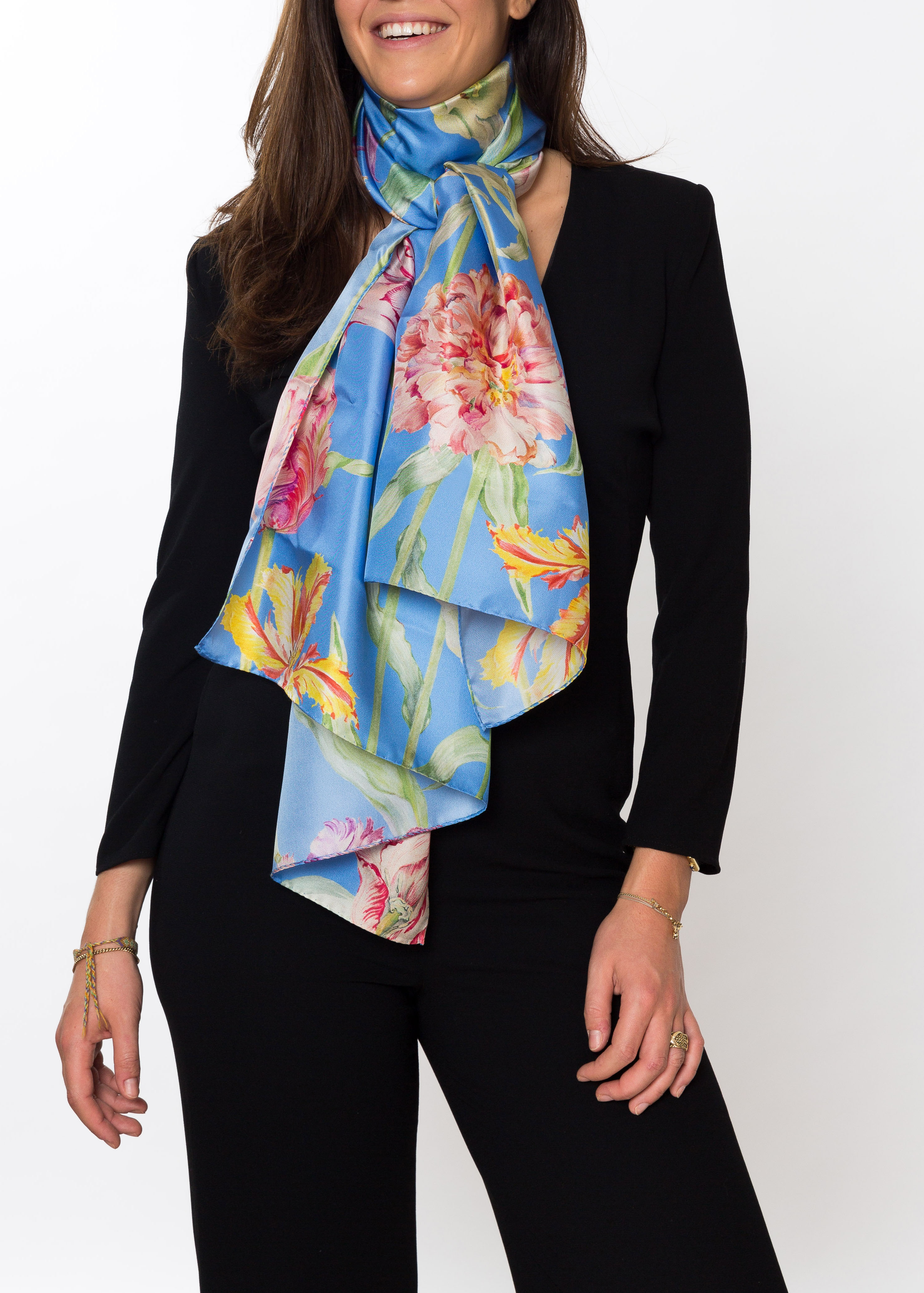 band Componist Bedrog Blauwe 100% zijde sjaal tulpen design 170 x 65cm gemaakt in Italie -  BeauBerger